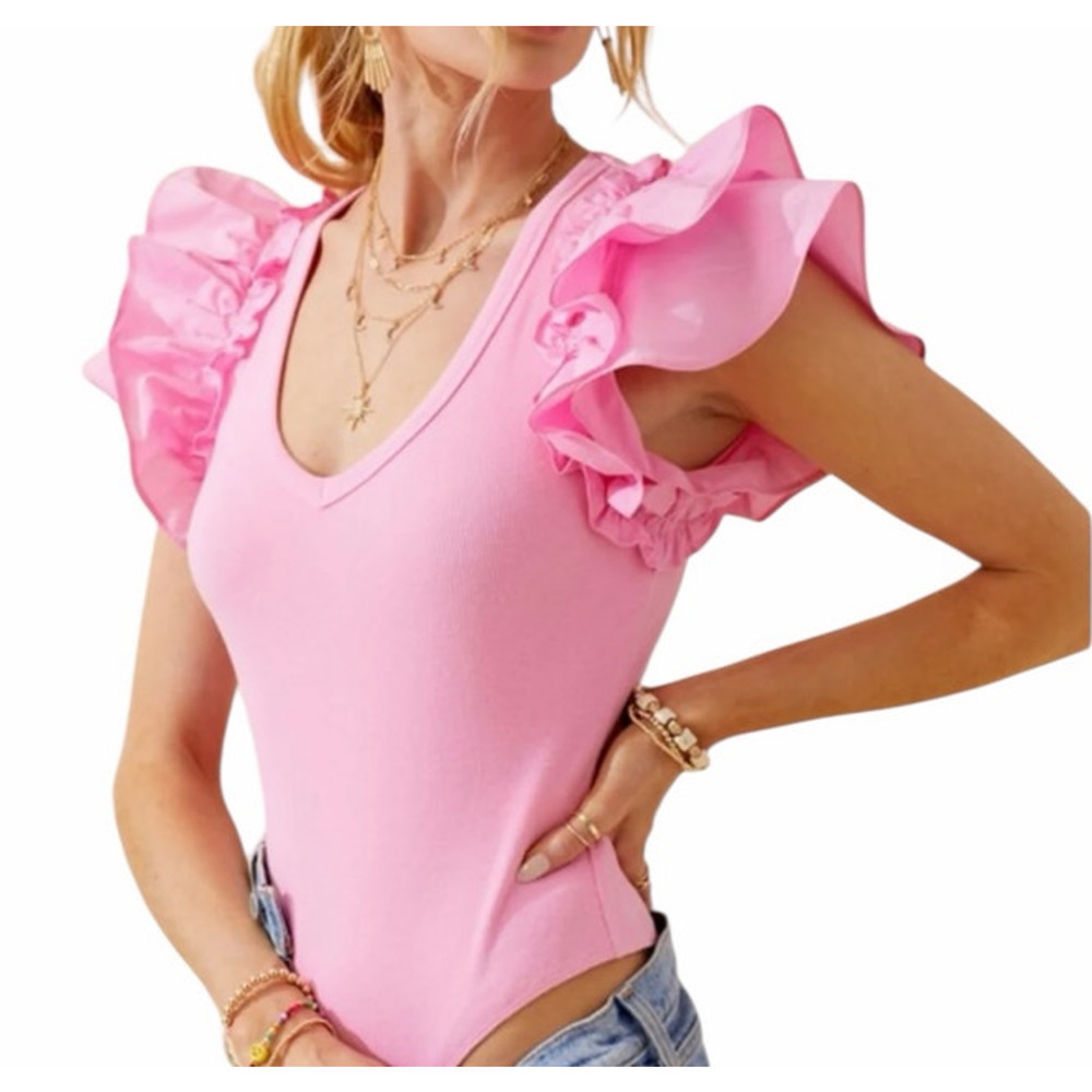 Day+Moon Women's Medium Solid Pink Short Sleeve Ruffle V-Neck Bodysuit - Picture 3 of 8